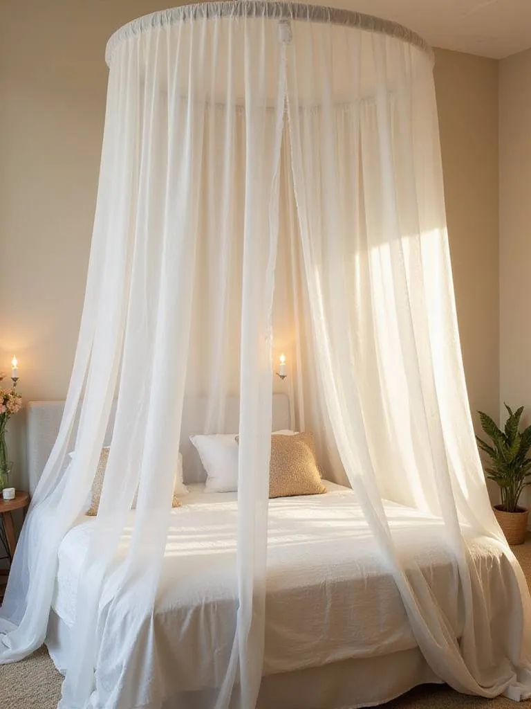 Cozy canopy bed with sheer white fabric in a softly lit bedroom