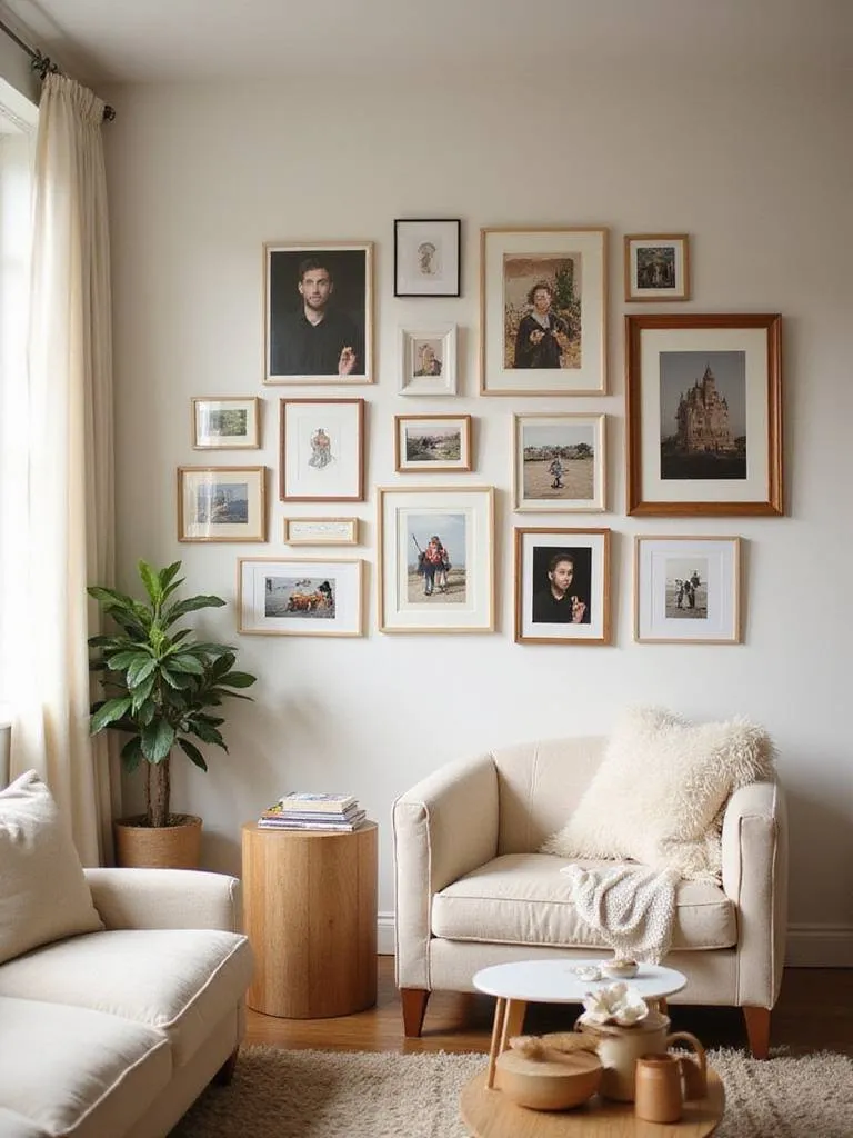 A curated gallery wall featuring meaningful art in a cozy living room setting.