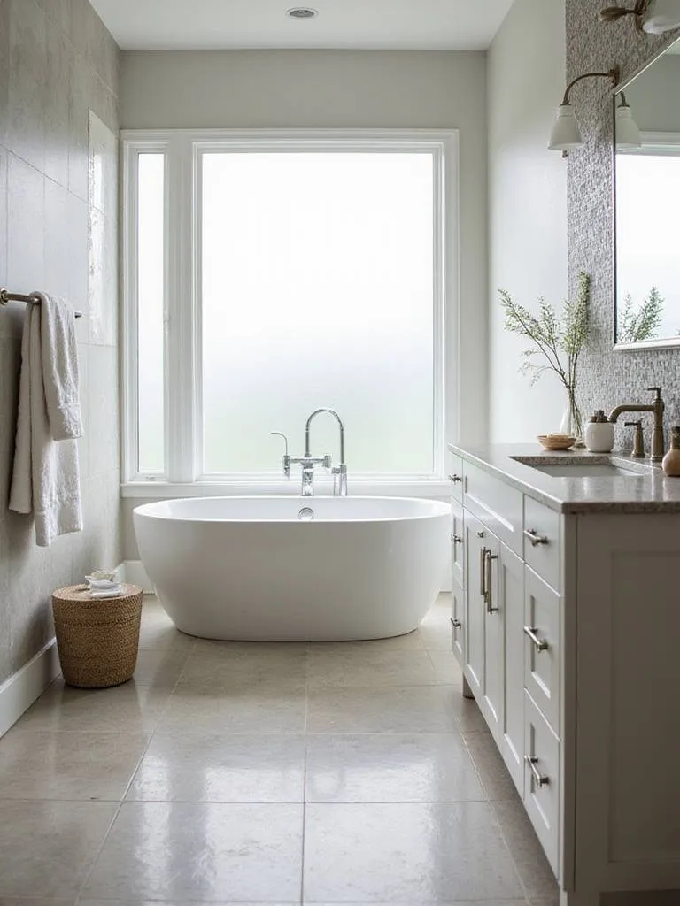Modern bathroom with freestanding bathtub and stylish fixtures, emphasizing budget-friendly design.