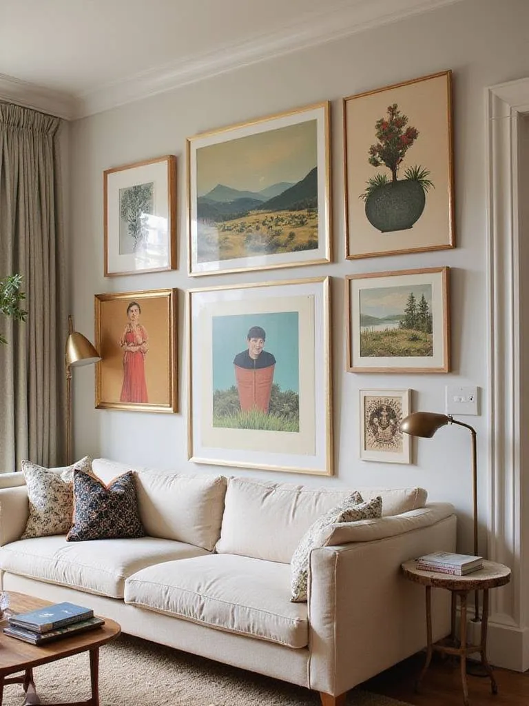 Curated themed art collection on a living room wall reflecting personal style.
