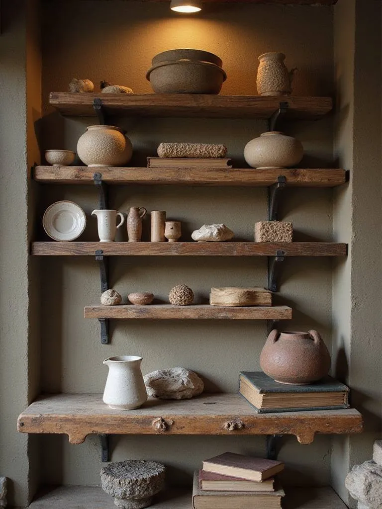 Styled rustic shelf with found objects and pottery