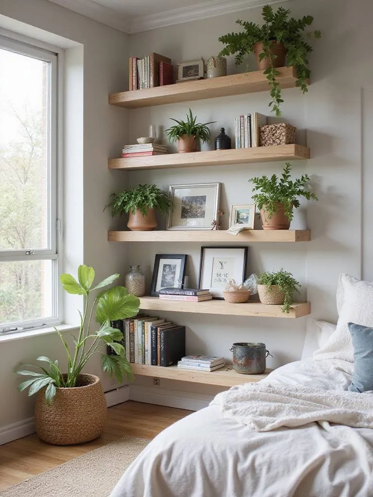 Curated open shelving in a small bedroom, displaying books, plants, and decorative objects.