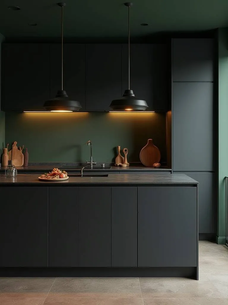 Contemporary kitchen with darker color palette featuring black cabinetry and charcoal countertops.