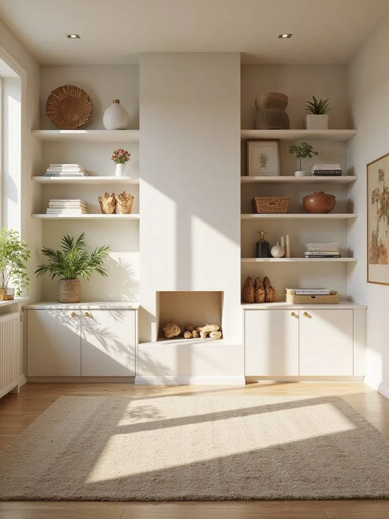 Organized small living room with minimalist decor and clear surfaces