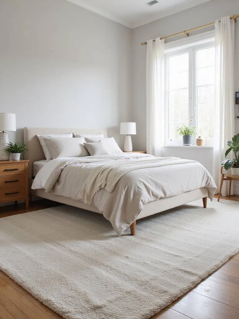 A small bedroom with a large light-colored rug defining the sleeping area
