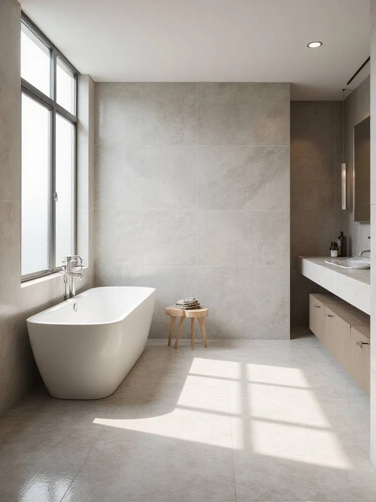 Modern bathroom with cohesive design elements featuring neutral colors and minimalist fixtures.