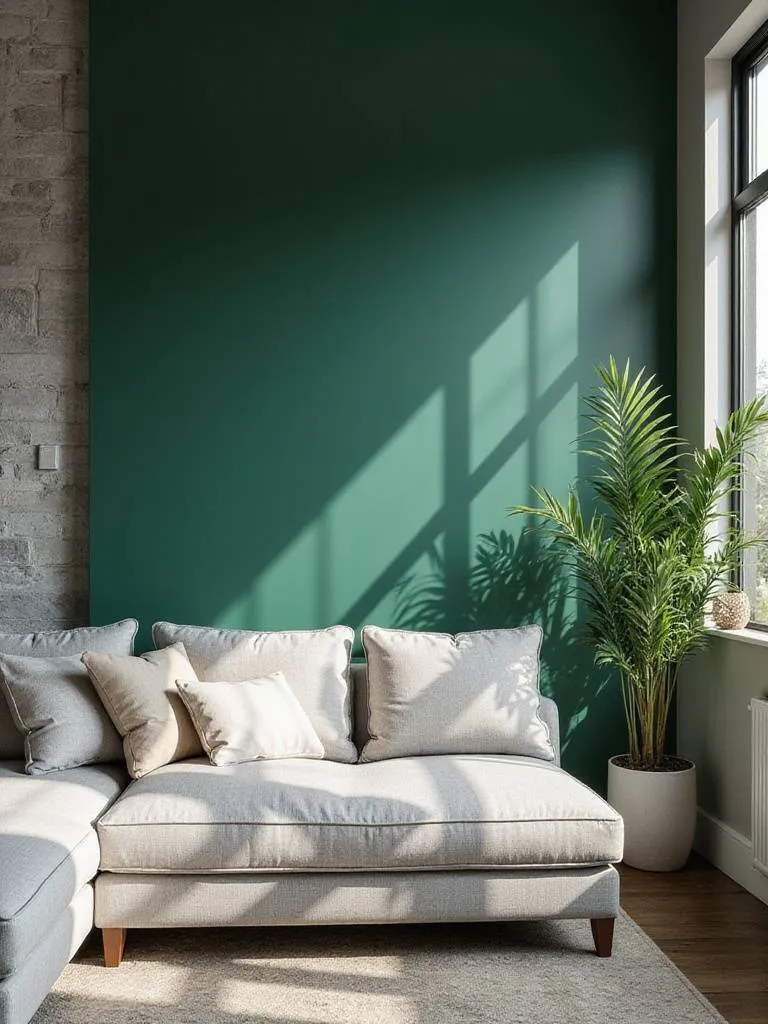 Living room with a bold emerald green accent wall behind a light grey sectional sofa.