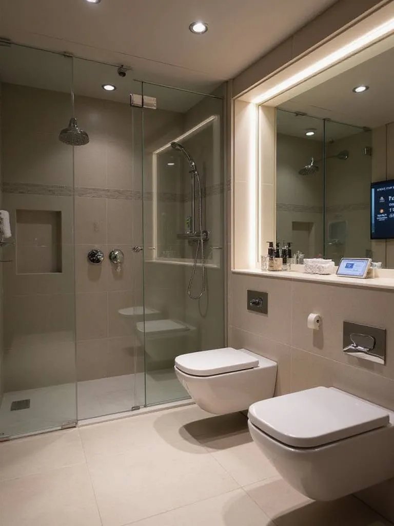 Modern bathroom with smart technology features including a smart shower, high-tech toilet, and smart mirror