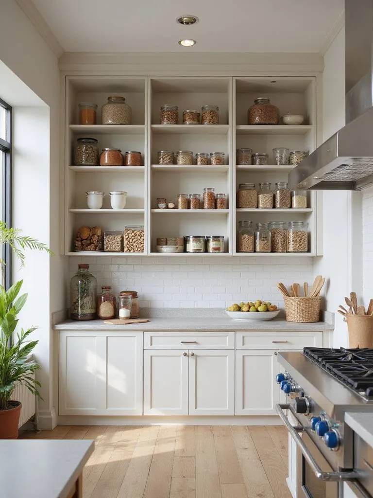Interior view of a kitchen with tall cabinets maximizing vertical storage space