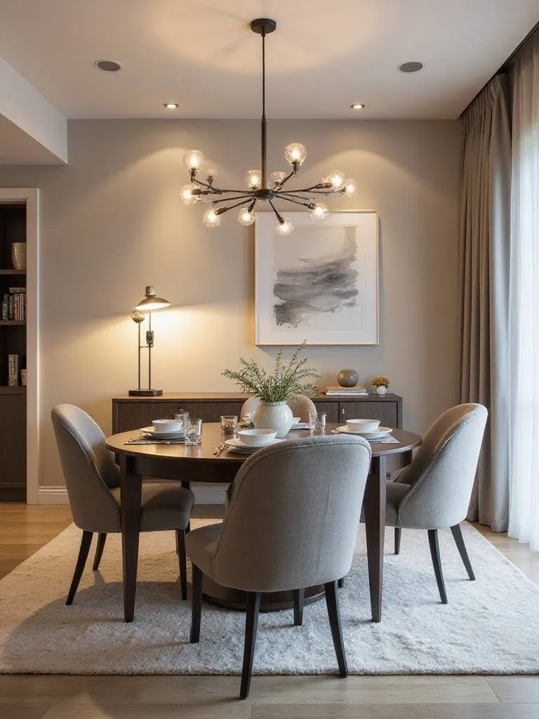 Professional photo of a multi-functional dining and work space featuring an extendable table and ergonomic chairs.