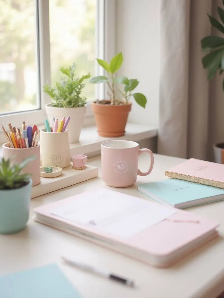 Cute and organized desk setup with pastel accessories and a potted plant