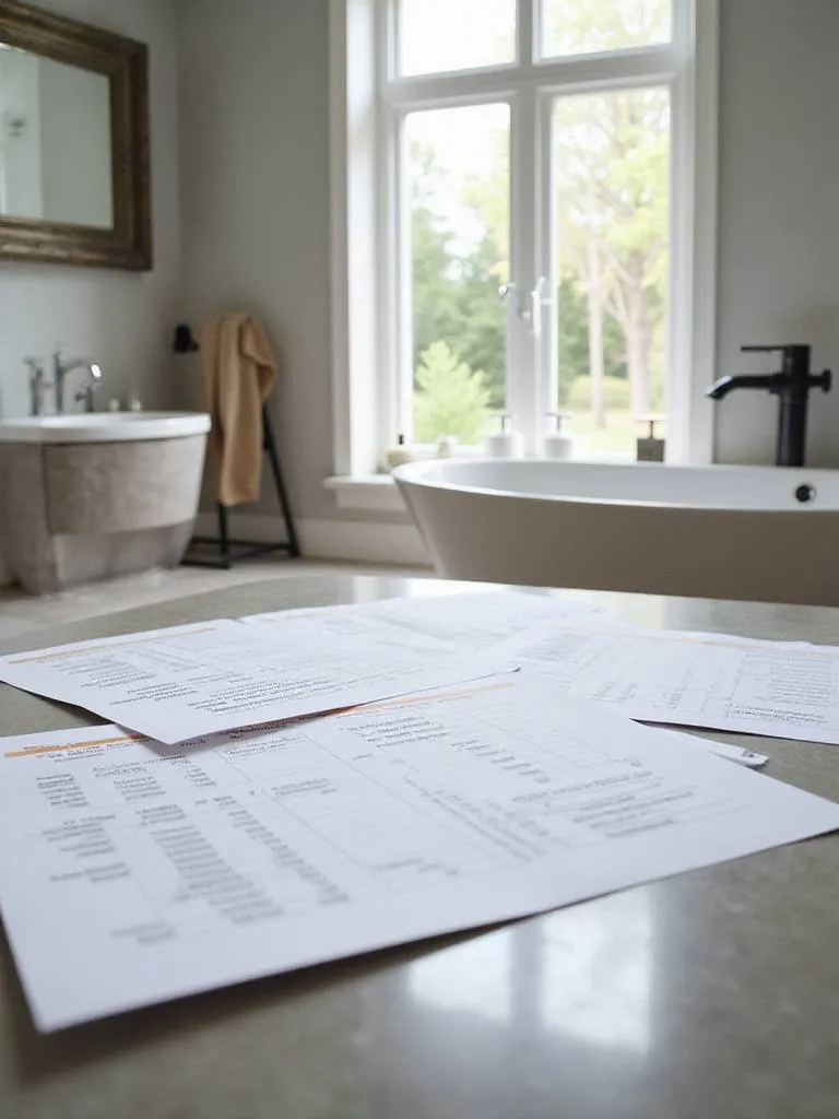 Modern bathroom renovation workspace with detailed quotes on a sleek design table