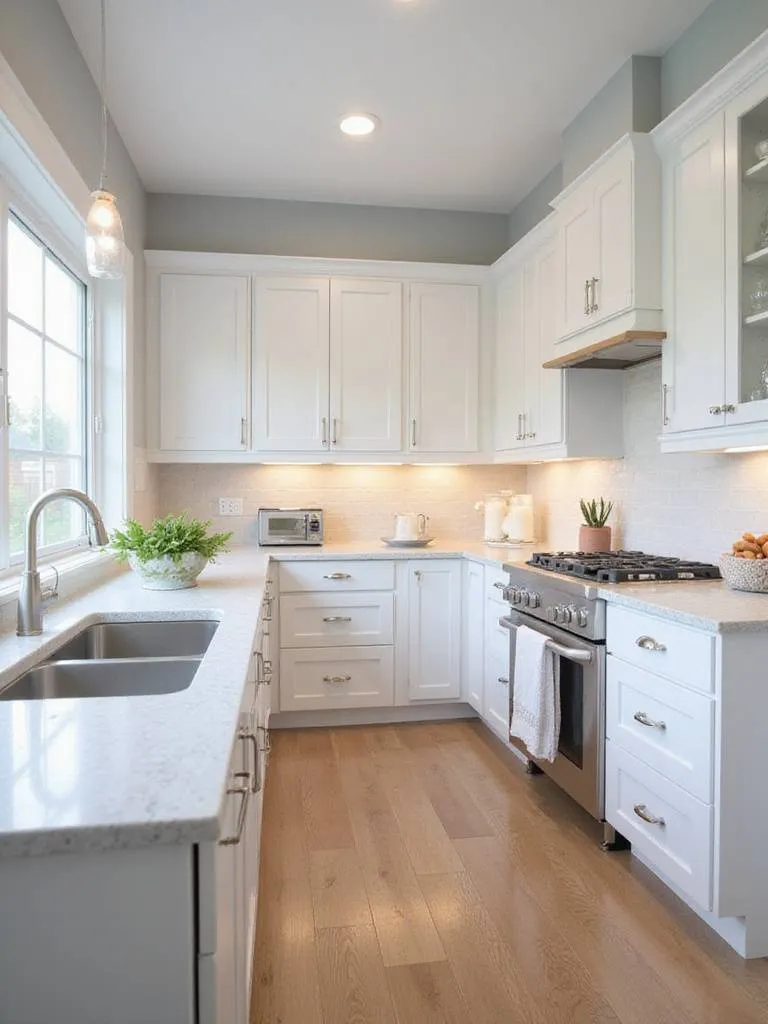 Professional kitchen design showcasing a cohesive color palette with white cabinets and grey walls.
