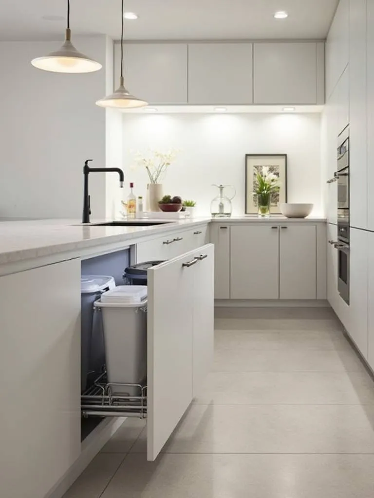 Modern kitchen with integrated trash and recycling bins in cabinetry