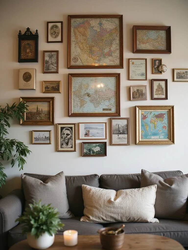 A creative display of travel souvenirs and unique collections on a living room wall, beautifully lit and organized.