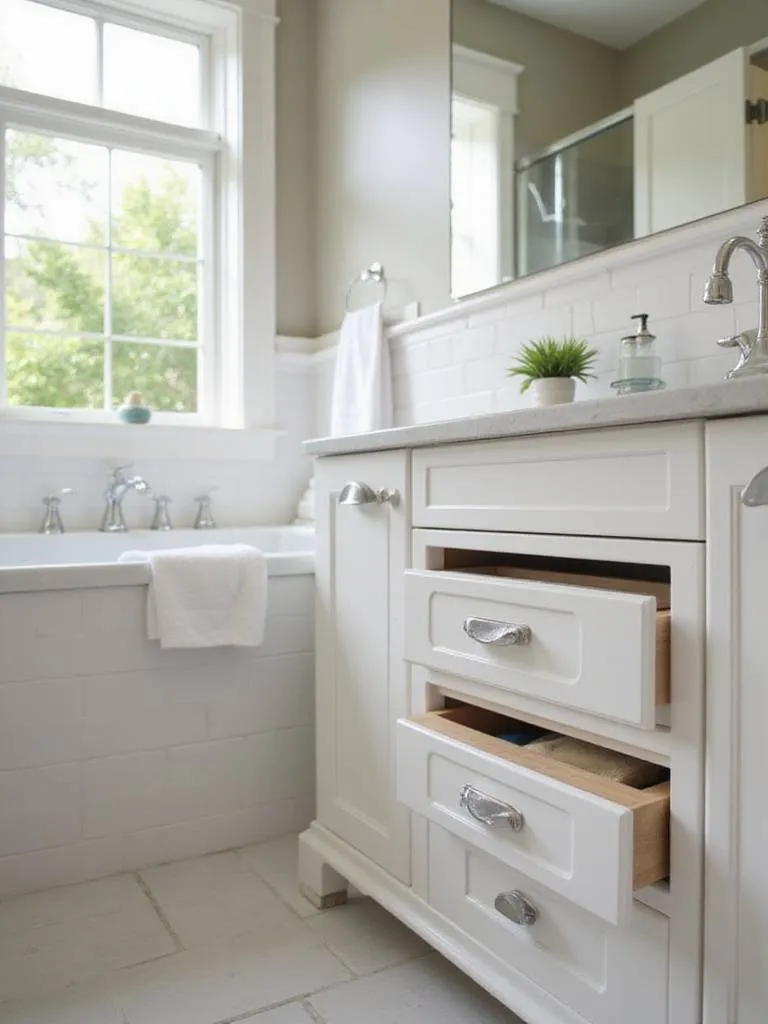 Modern bathroom featuring hidden power outlets integrated into cabinetry for a clutter-free aesthetic.