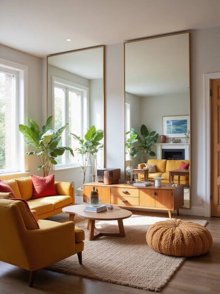 A small living room with strategically placed mirrors reflecting light and creating an illusion of space.