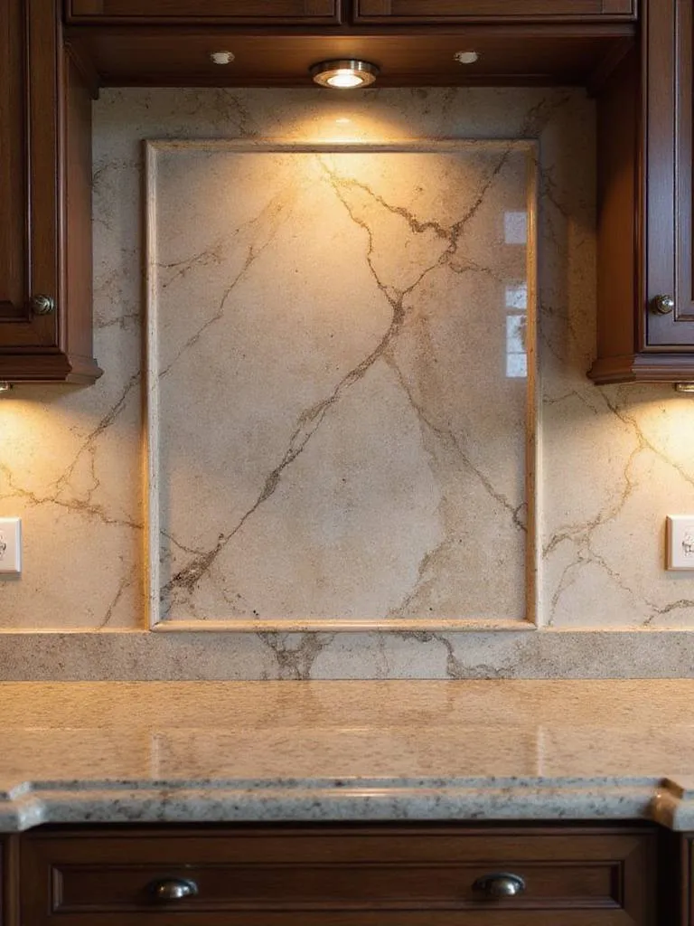 Luxurious kitchen with a full-height natural stone slab backsplash extending from countertop to ceiling.