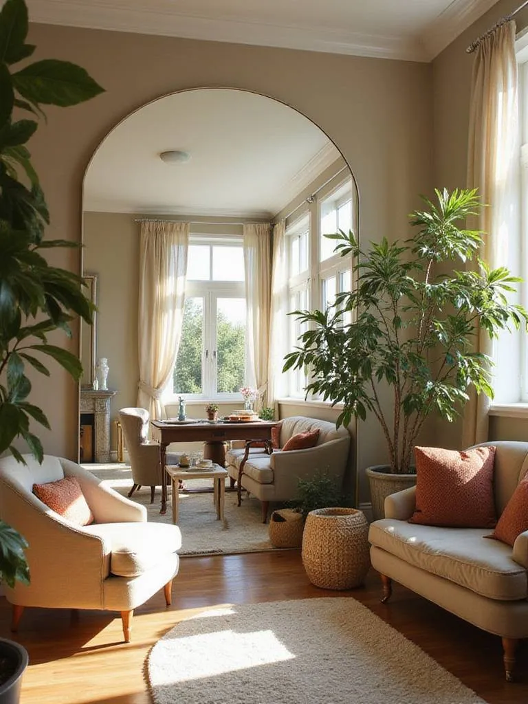 A stylish living room with a large mirror reflecting natural light from a window.