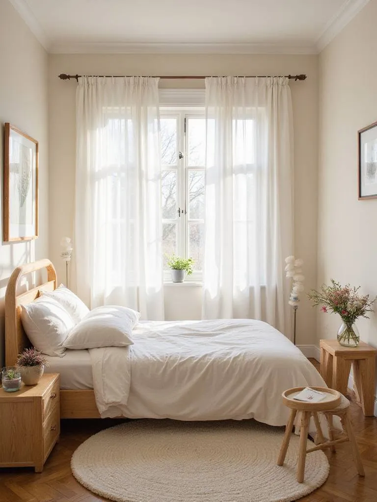 A serene small bedroom decorated in light neutral colors, highlighting airy ambiance.