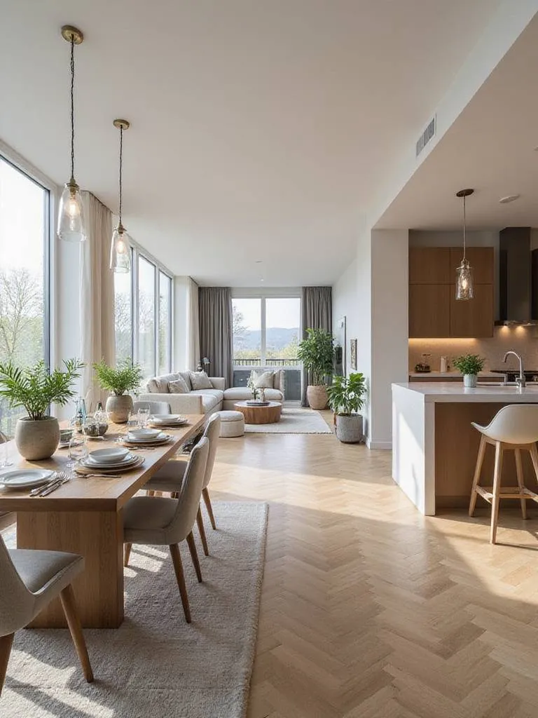 Contemporary dining room with open-concept design featuring seamless flow to living and kitchen areas.