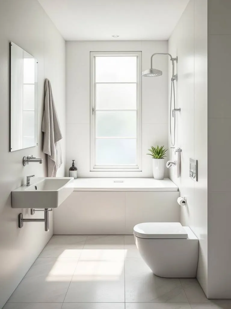Light neutral color palette bathroom with soft white walls and light grey floor tiles