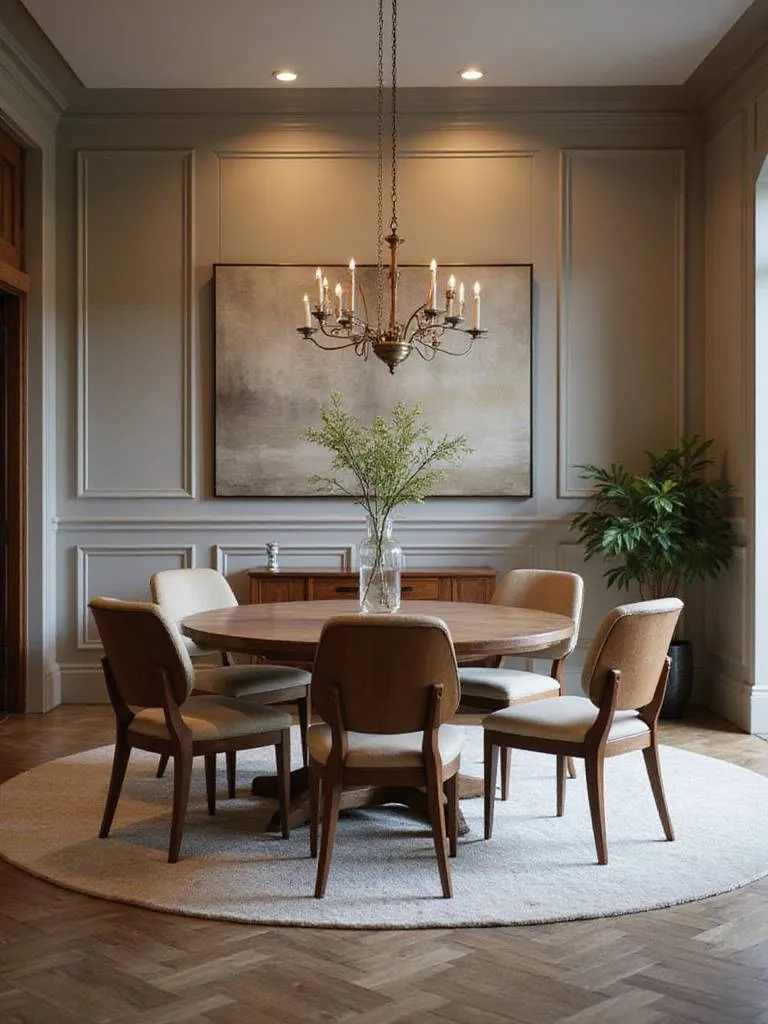 A contemporary dining room with optimal traffic flow around a round dining table and armless chairs.