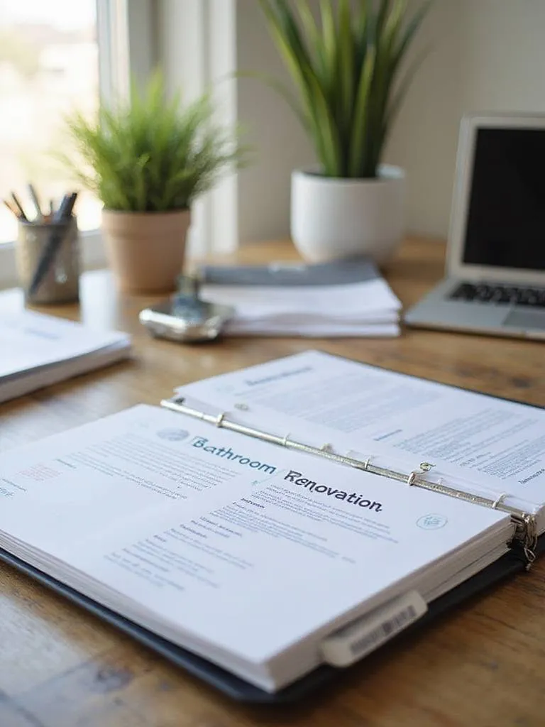 Organized home office with a binder of bathroom renovation documents and warranties.