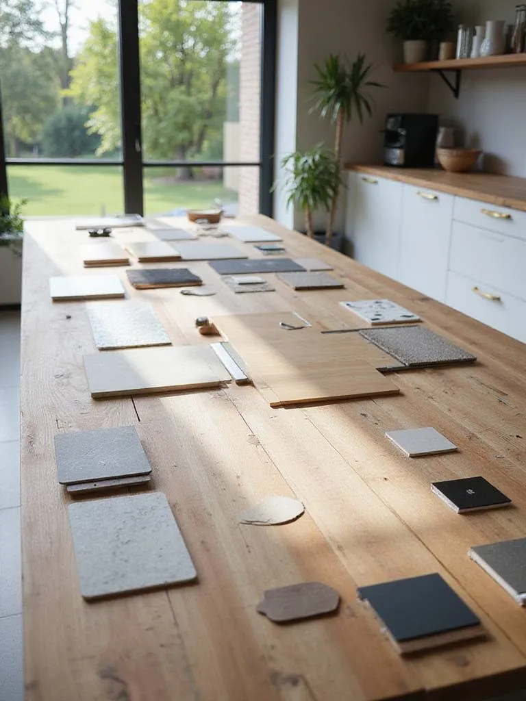 Modern kitchen design workspace with materials and samples