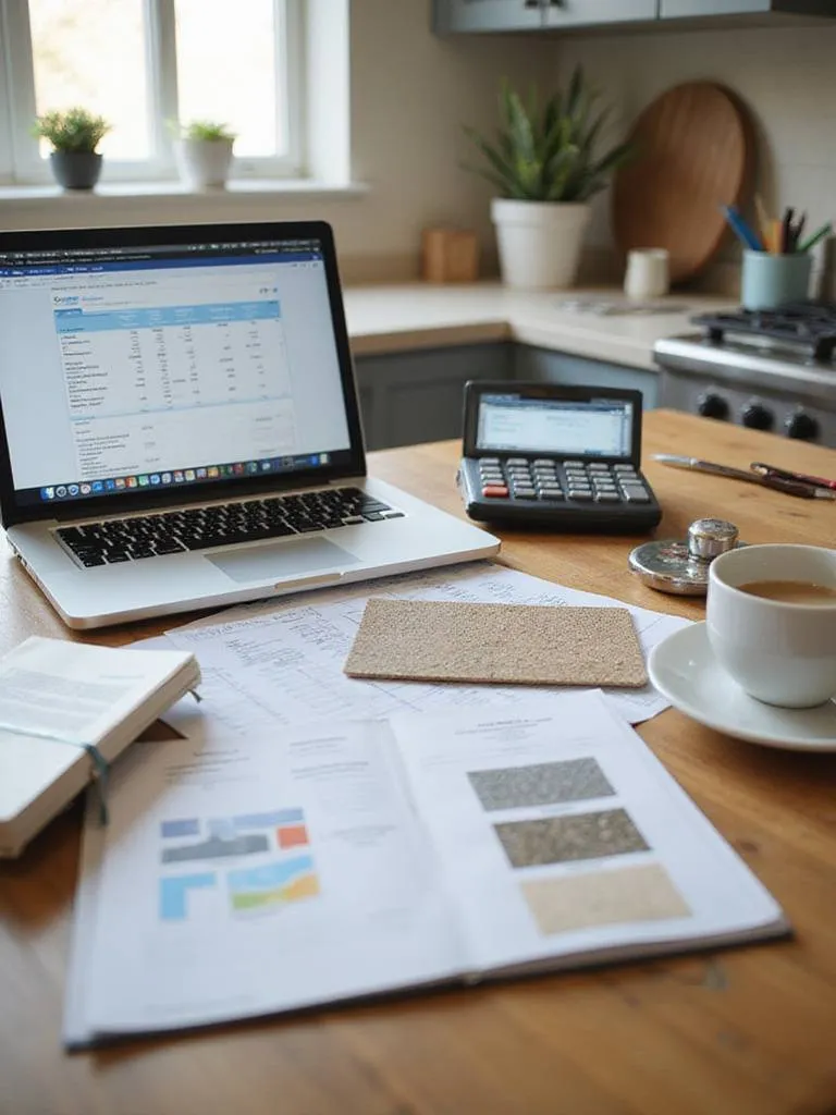 Workspace for planning kitchen remodel with budgeting tools and materials