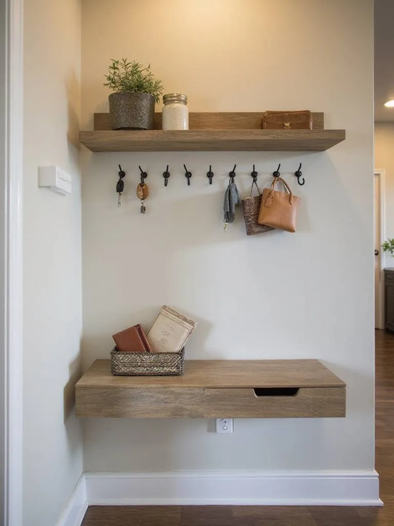 Entryway drop zone with shelf and hooks for keys and mail
