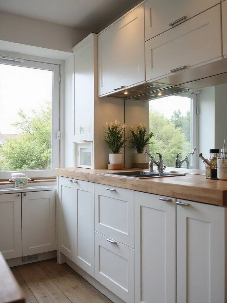 Modern kitchen with reflective mirror backsplash enhancing the space's depth and light