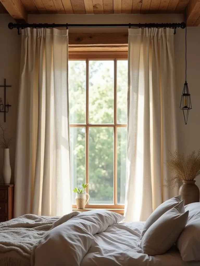 Rustic bedroom with linen curtains filtering light