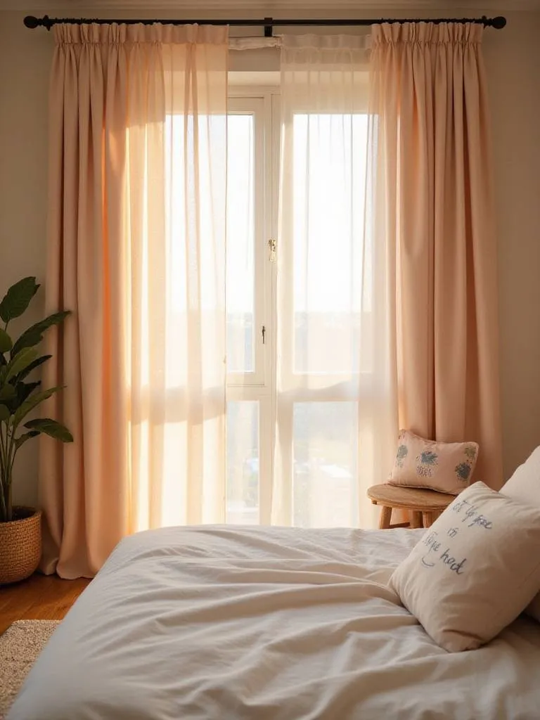 Cozy bedroom with soft pastel curtains framing a window, creating a warm and inviting atmosphere.
