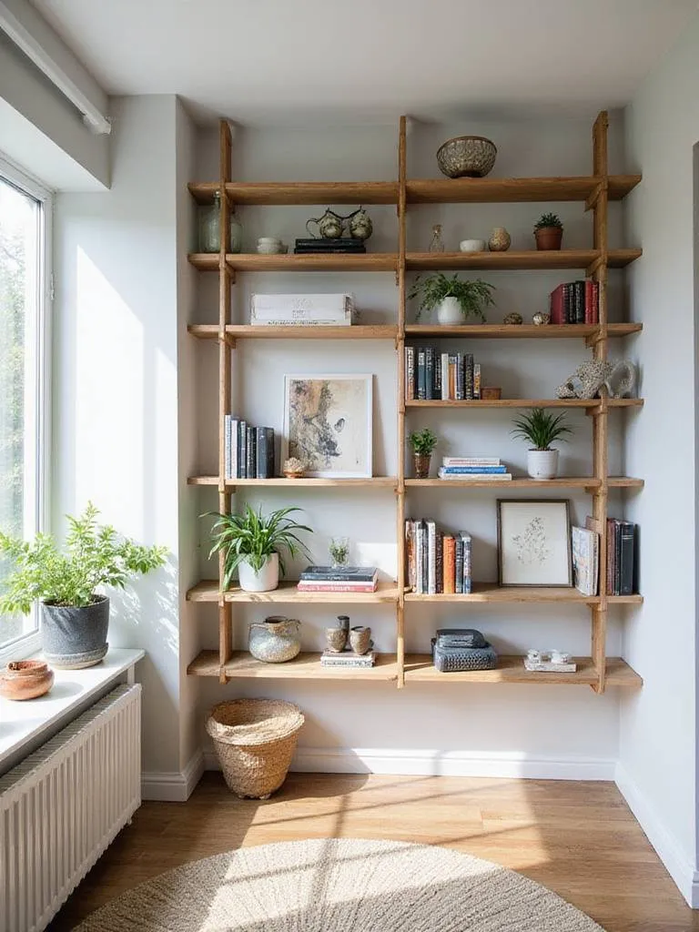 Stylish small living room with wall shelving maximizing vertical storage