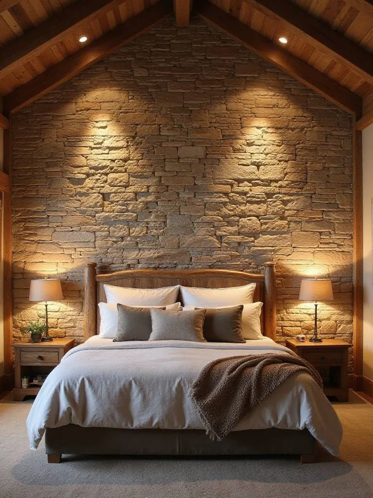 Rustic bedroom with natural stone accent wall behind a king-sized bed, showcasing organic texture and warm lighting.