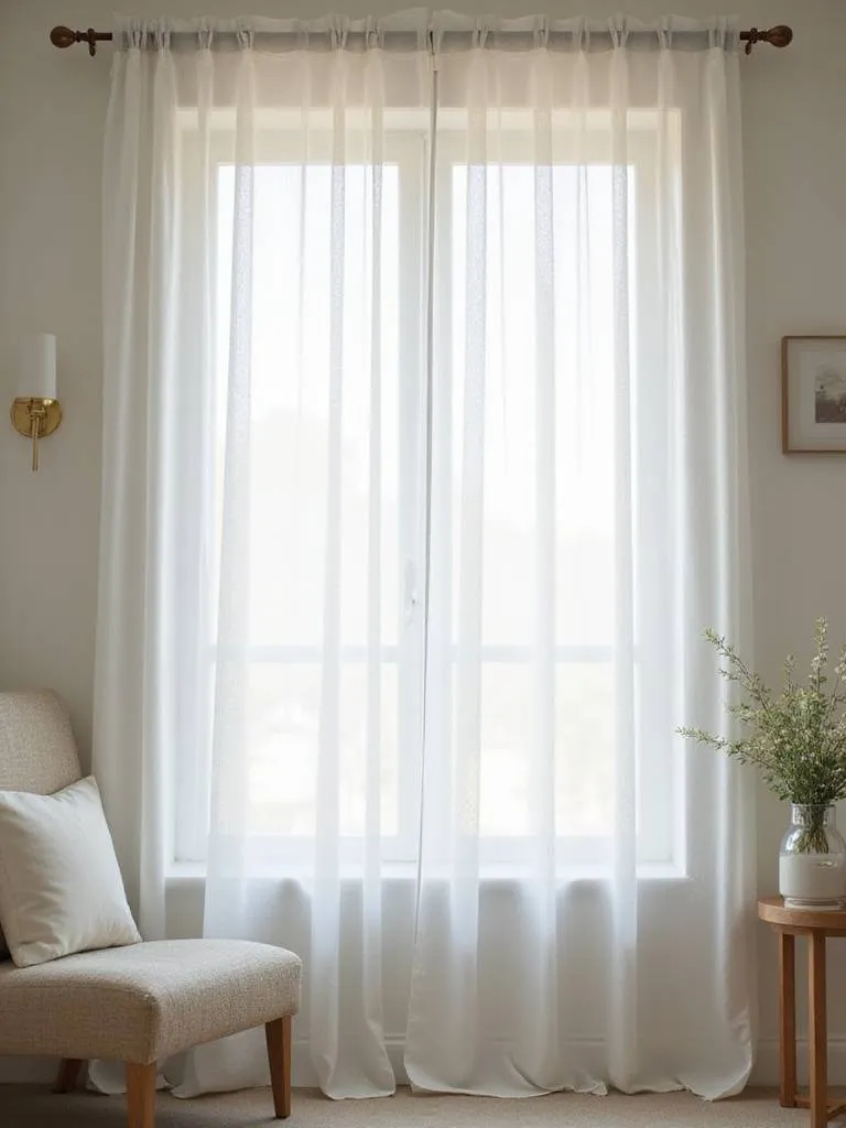 A small bedroom with high-hung light, sheer curtains, creating an illusion of height and spaciousness.