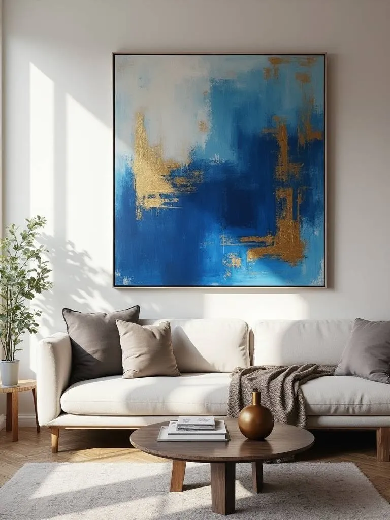 Living room featuring oversized abstract artwork above a modern sofa