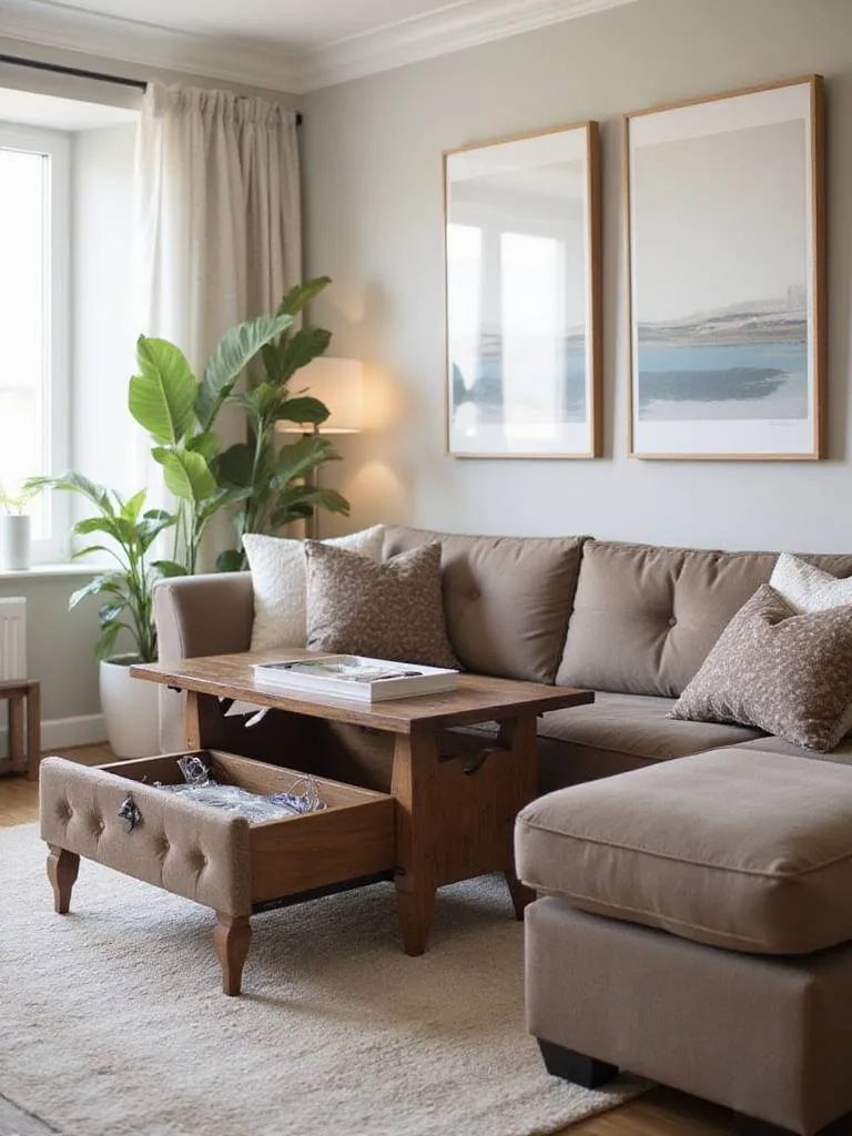 Living room with hidden storage solutions in furniture, featuring a lift-top coffee table and an upholstered ottoman.