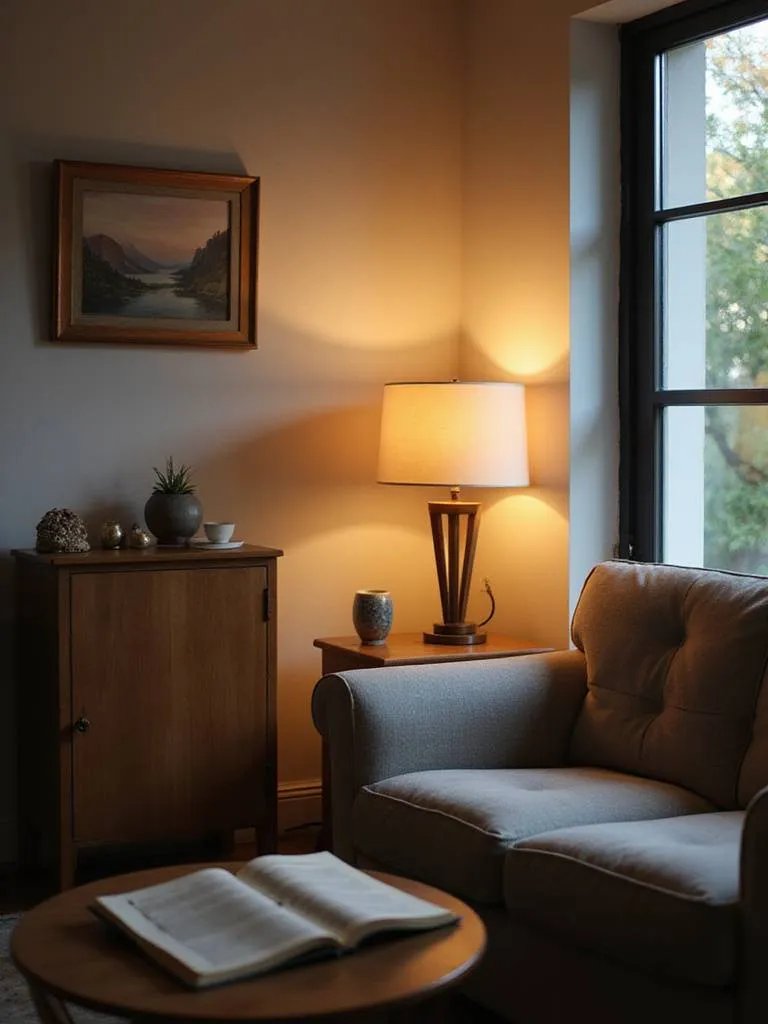 Cozy living room with a strategically placed floor lamp to minimize glare