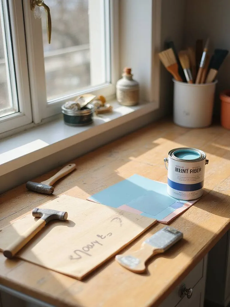 A well-lit kitchen workspace with tools and paint for DIY projects.