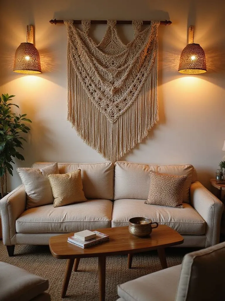 Boho living room with strategic wall lighting, showcasing rattan sconces and macrame decor.