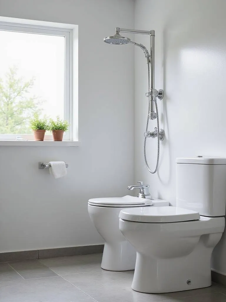 Modern bathroom with water-efficient fixtures including a low-flow showerhead and dual-flush toilet