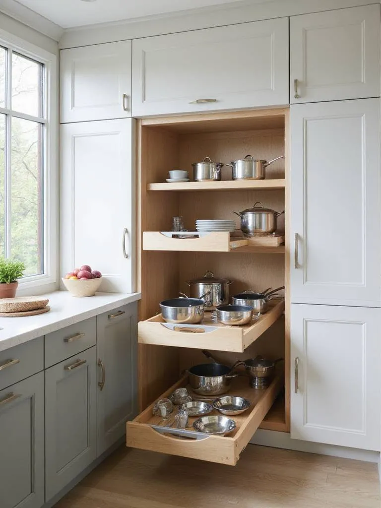 A modern kitchen with smart pull-out and corner storage solutions showcasing organized pots and pans.