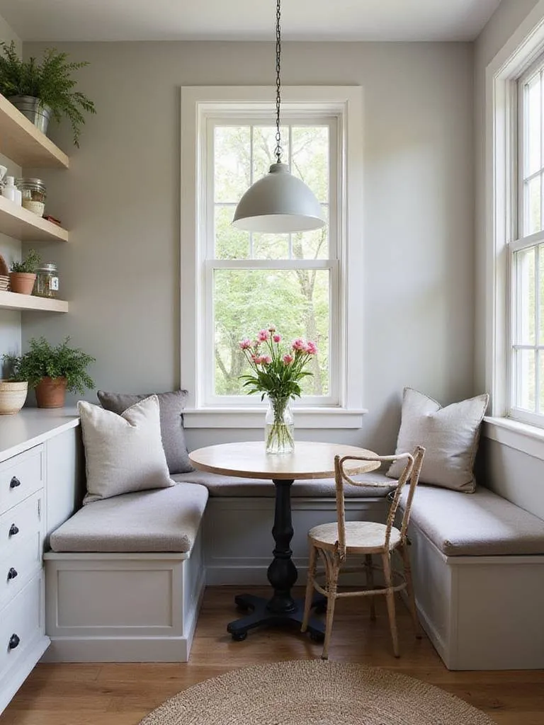 Small kitchen featuring compact seating options including a built-in banquette and a pedestal table.