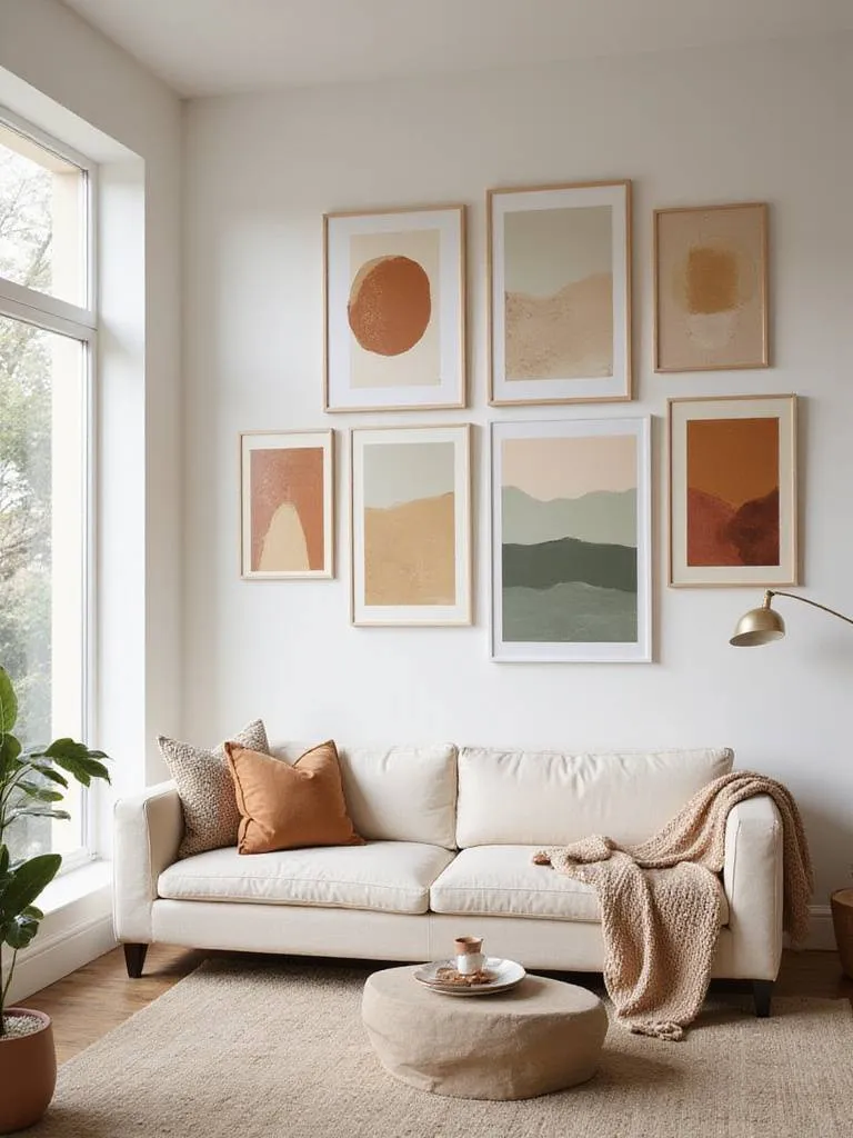 Modern Boho living room with abstract earth-tone art prints