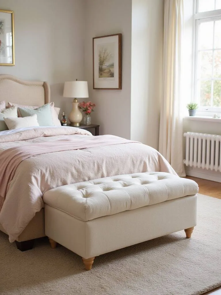 A charming storage ottoman at the foot of a beautifully styled bed in a cute bedroom.