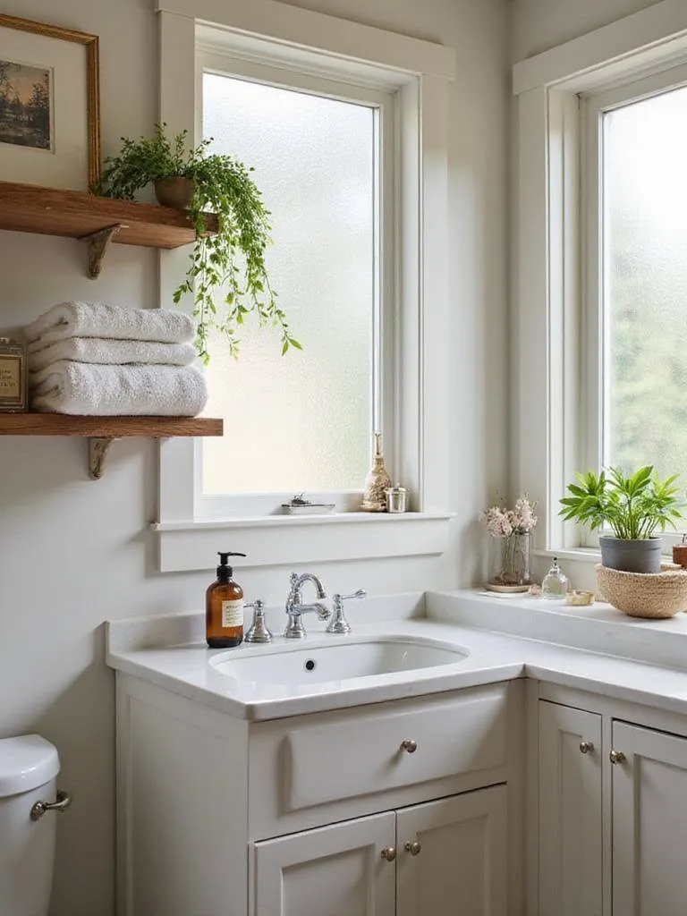 Small bathroom with open shelving displaying towels and decorative items.