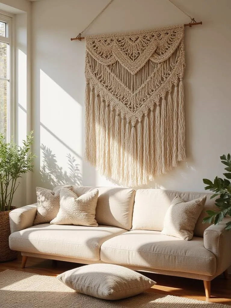A cozy living room with a large macrame wall hanging above a beige sofa, showcasing soft textures and warm lighting.