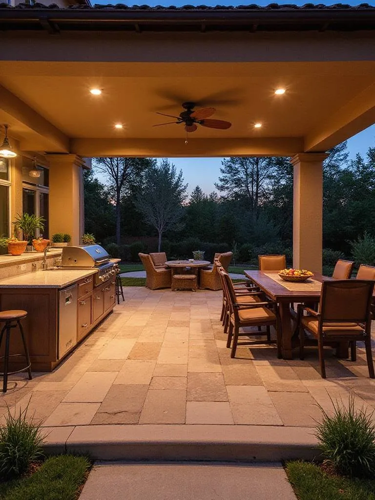 Luxurious integrated kitchen patio showcasing seamless indoor-outdoor living with grill and dining area.